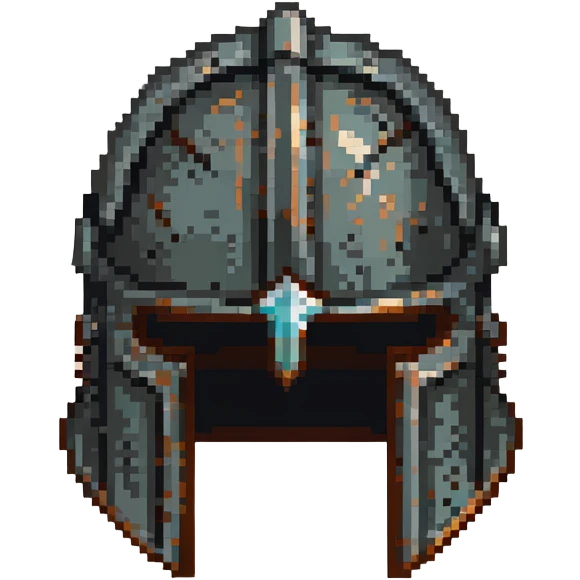 Ancient knight's helmet with light rust patina and worn appearance emoji