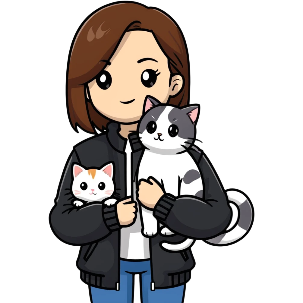 Light-skinned girl with brown straight hair wearing a black jacket, along with one pure white cat and one calico cat emoji