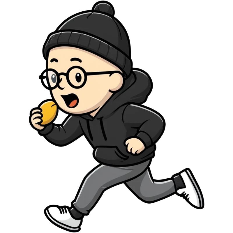 bald white guy with glasses, wearing a black beanie, black hoodie, running away from a peanut mascot emoji