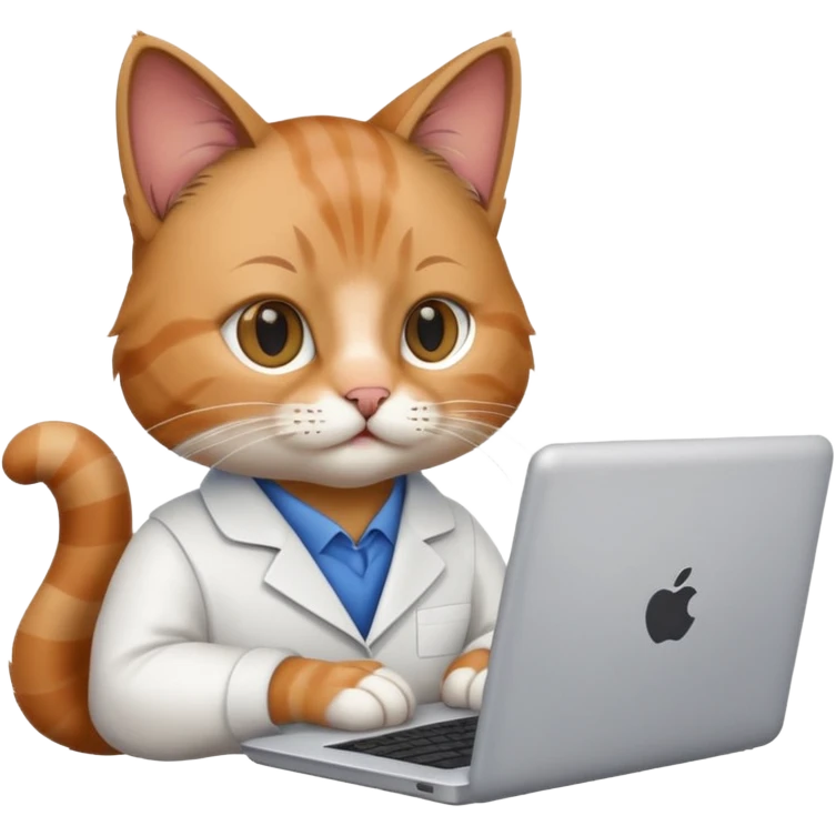 cat researcher typing on a laptop with scientific papers emoji