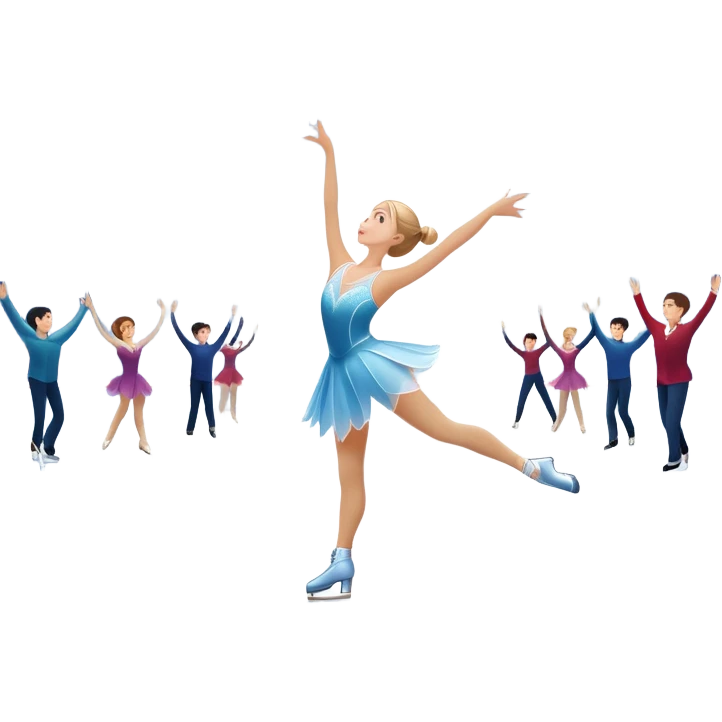 An icon showing a scenic ice rink with figure skater performing elegant moves under soft spotlight beams. Surrounded by audience stands and shimmering ice, the scene reflects harmony, grace, and the magic of figure skating. Transparent background included emoji