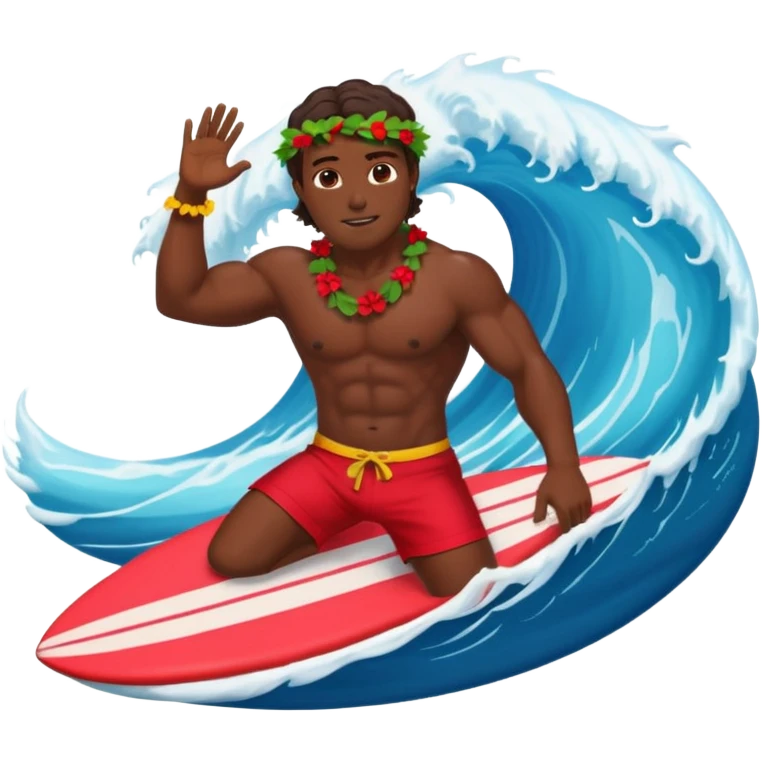 Dark muscular surfer in big wave wearing red shorts and head lei emoji