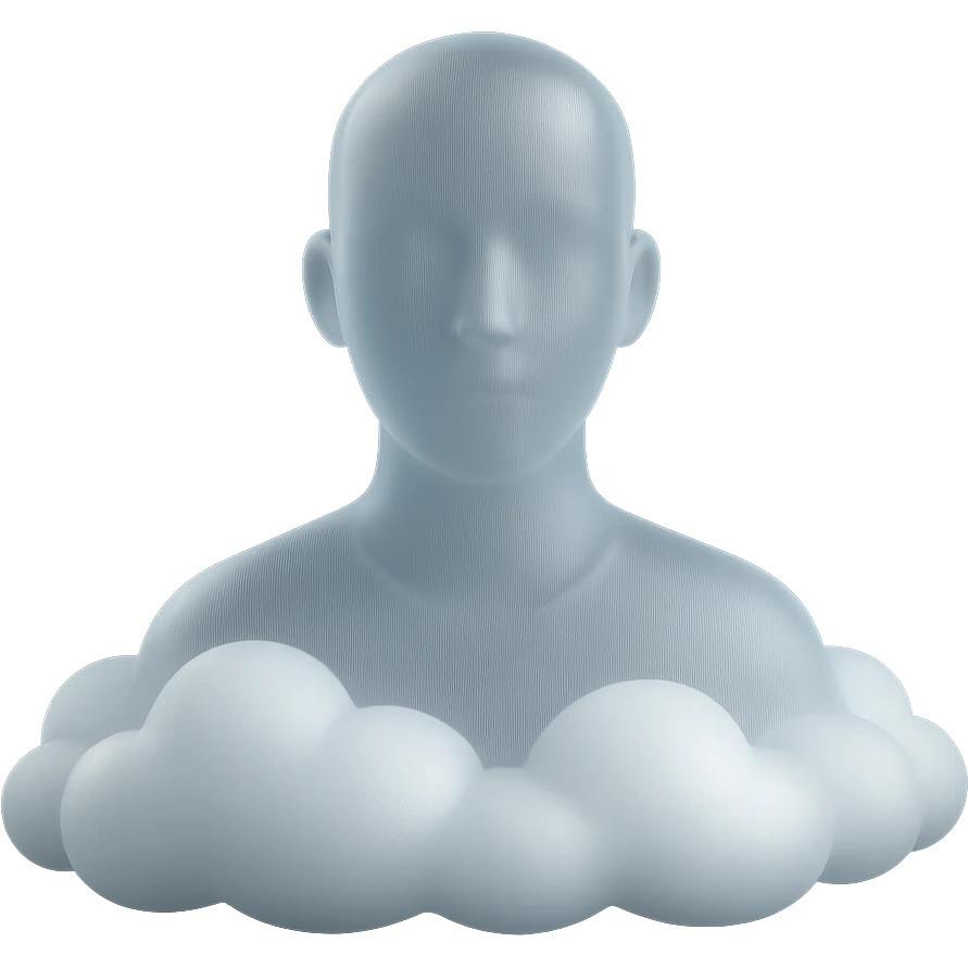 person looking straight ahead, shoulders immersed in fluffy, convex white clouds, volumetric and snow-white clouds, matte glass style, no background emoji