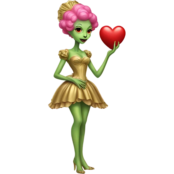 a green alien woman in Victorian gold dress, pink hair,holdig, red big hearth, full body emoji