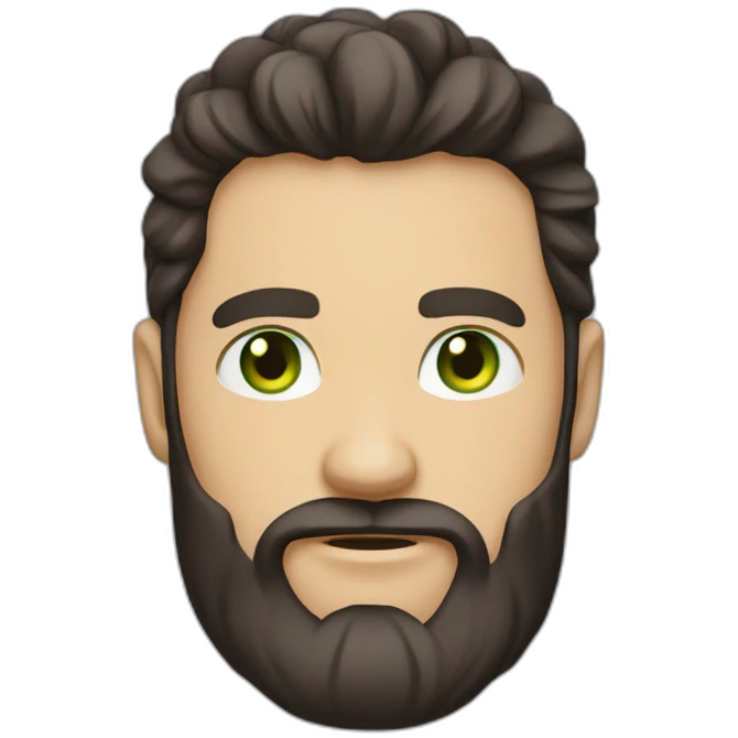 one white guy with dark brown longhair greeneye beard blacktshirt thumbup emoji