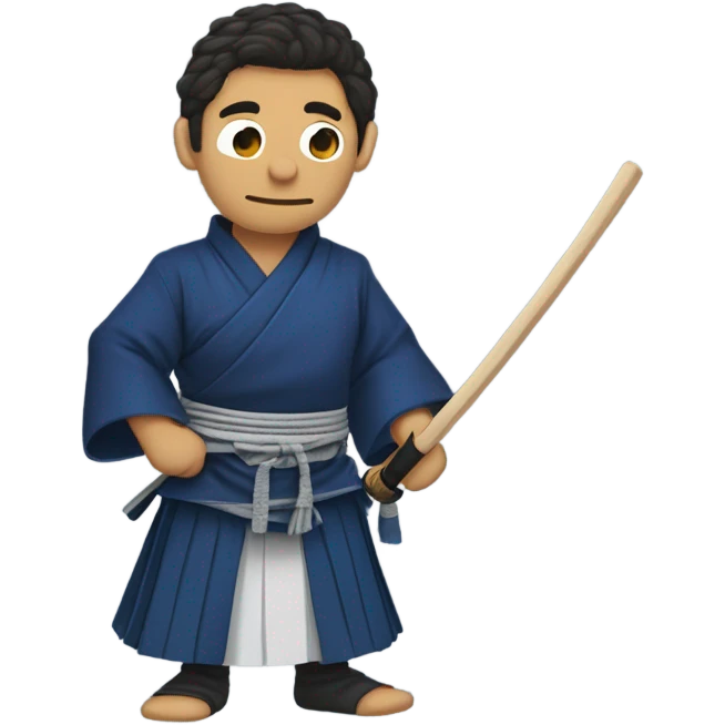 male Kendo Muppet with dark hair side-part and brown eyes with indigoblue Gi and Hakama and a dark Kendo-armor emoji