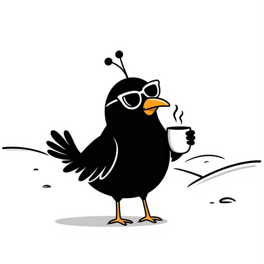 black bird with sunglasses and orange beak, in the desert with a cup of coffee and an antenna emoji