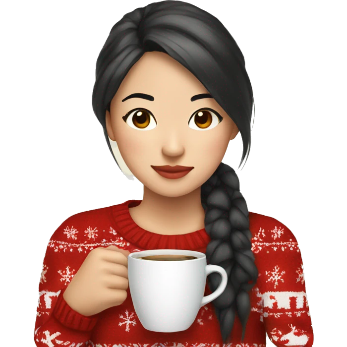 asian girl drinking coffee wearing Christmas sweater emoji