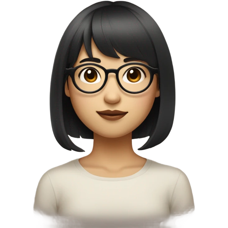 Asian girl with black layered short hair and bangs with round glasses pale mole between her nose and lips on the right flat nose sharp jawline bushy eyebrow emoji