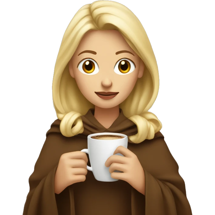 Blonde woman with a brown blancket drinking coffe looking down emoji