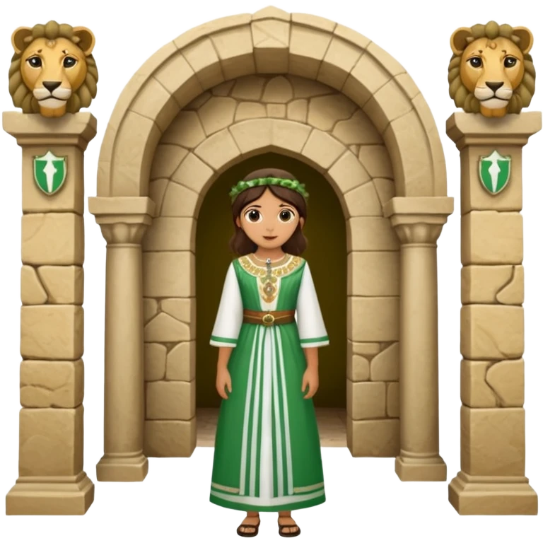 Andalousie drapeau 2 bande verte qui et une bande blanche au milieu avec une femme avec 1 lion de chaque coter d’elle sous un arc en pierre  emoji