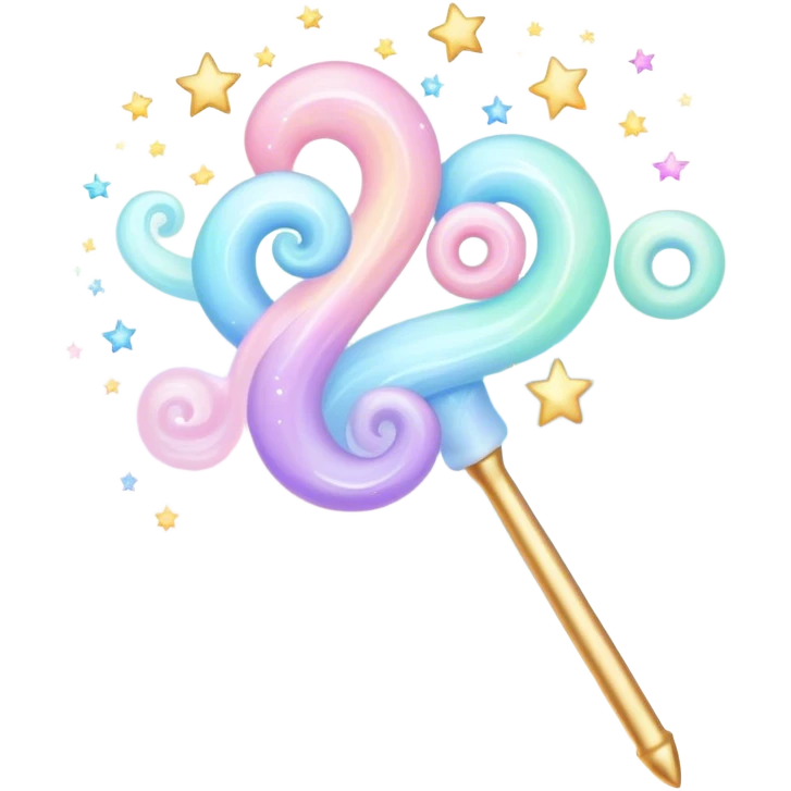 Cinematic cute magical wand, pastel swirls of color, tiny twinkling stars floating around, glowing softly, chubby rounded edges, whimsical and dreamy. emoji
