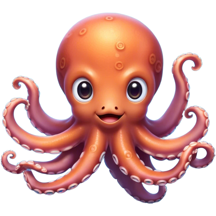 Cinematic Cute Octopus Portrait Emoji, Head tilted playfully and inquisitively, featuring a charming, rounded body with soft, shimmering skin and eight expressive, gently curling arms with playful suckers, with round, sparkling eyes full of wonder, Simplified yet irresistibly adorable features, highly detailed, glowing with a warm, inviting underwater glow, high shine, affectionate and lively, stylized with a touch of whimsical marine charm, soft glowing outline, capturing the essence of a mischievous yet loving octopus that seems as if it could float out of the screen into your arms! emoji