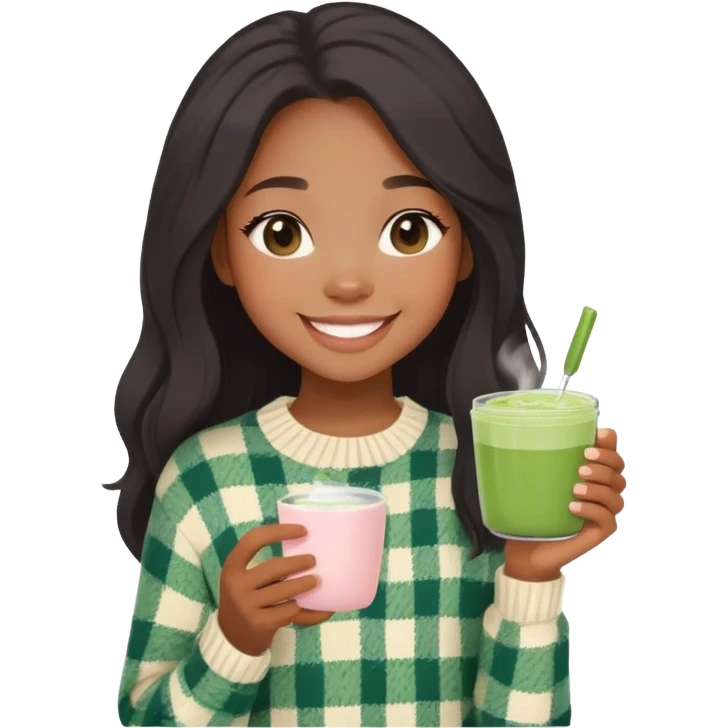 aesthetic black girl with light skin, long hair, wearing a cute cream colored sweater with a flannel shirt underneath, holding a matcha in her hand, cute minimal blush, smiling with teeth emoji