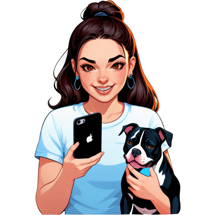 Slightly overweight beautiful girl with choppy long dark hair with her nose piercing and her black iPhone with her her pet pit bull girl with an underbite layed next to her emoji