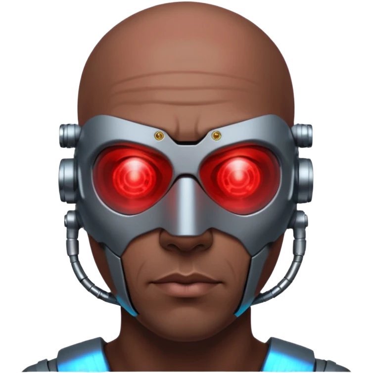 bald dark brown man, half of his face covered in cyborg upgrades such as red laser emoji