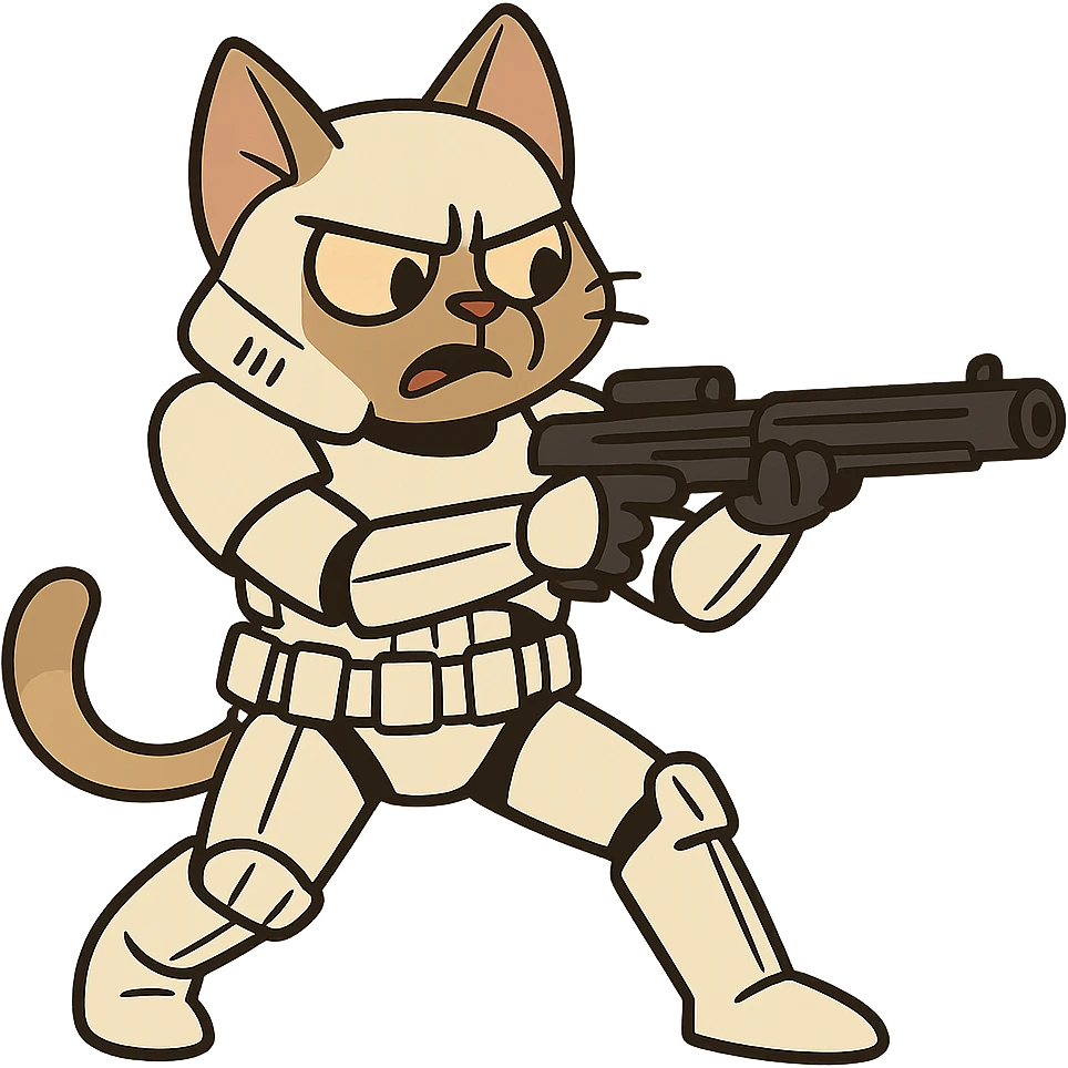 stormtrooper cat aiming blaster, action pose emoji