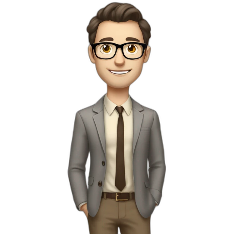 Pale skinned fit man with dark brown hair in gray jacket, beige office shirt, brown tie, brown pants and vintage glasses Writing text on the flipchart emoji