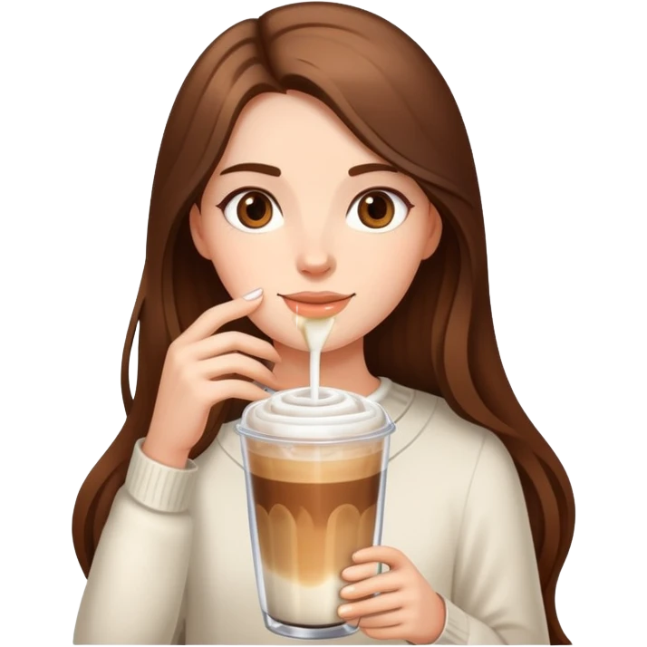 girl with long brown hair has ice latte coffee in glasse cup emoji