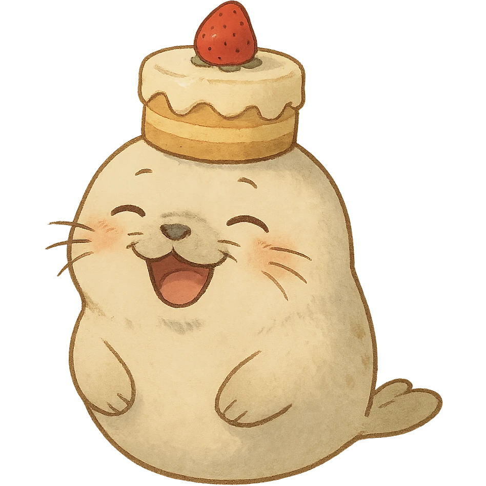 cutie baby seal balancing cake on head with laughing face in soft Ghibli style emoji