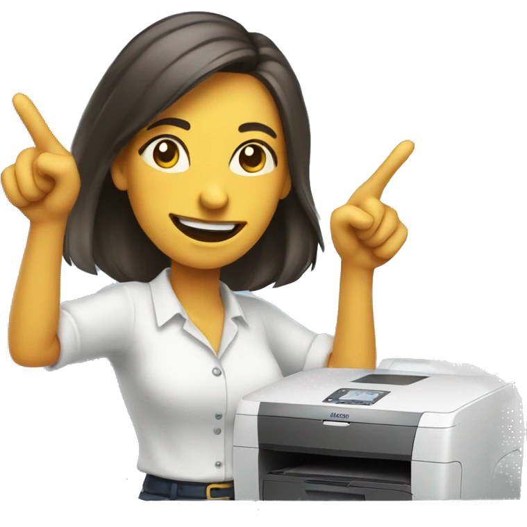woman pointing to a home printer with a smug face emoji