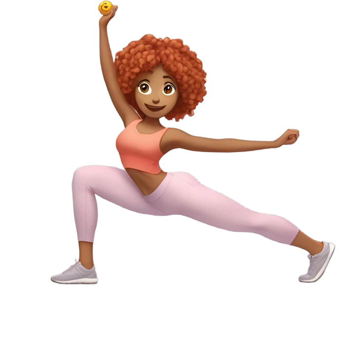Red-haired girl with wavy hair in pastel workout clothes doing different Pilates poses (e.g., Teaser, Plank). Calm expression, minimal background, and emoji-style design. emoji