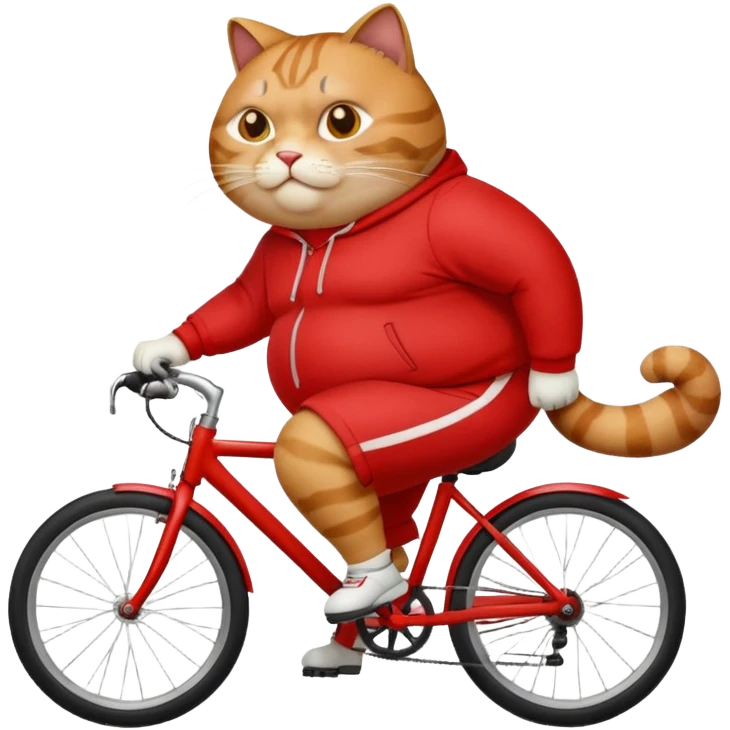 большой толстый кот в красном спортивном костюме едет на велосипеде emoji