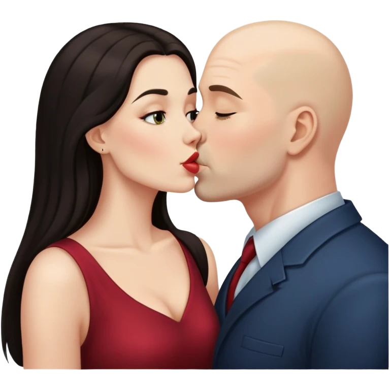Beautiful woman with long dark hair, kissing a bald man emoji