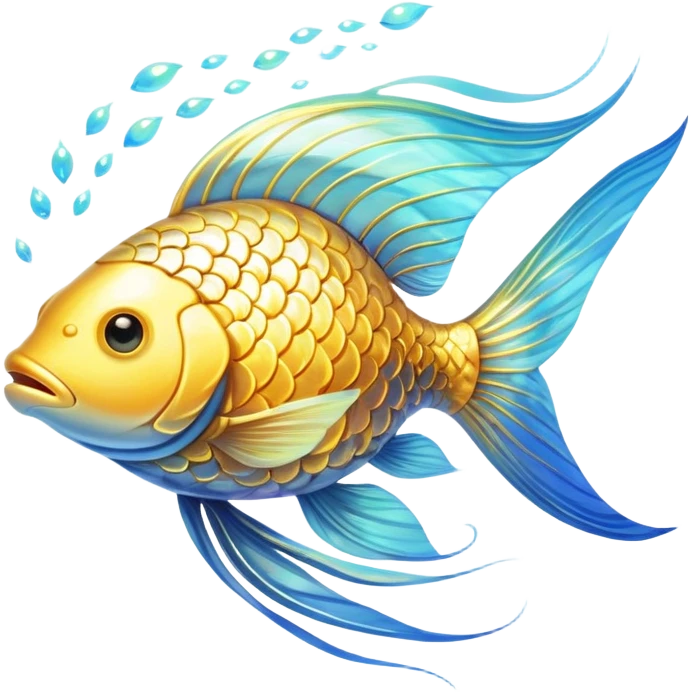 Shimmering golden fish transforming into an omega-3 symbol as it swims toward a luminous brain. Radiant neural pathways extend from the brain, meeting the flowing golden energy from the fish. All elements emit a soft ethereal glow with subtle blue undertones. emoji