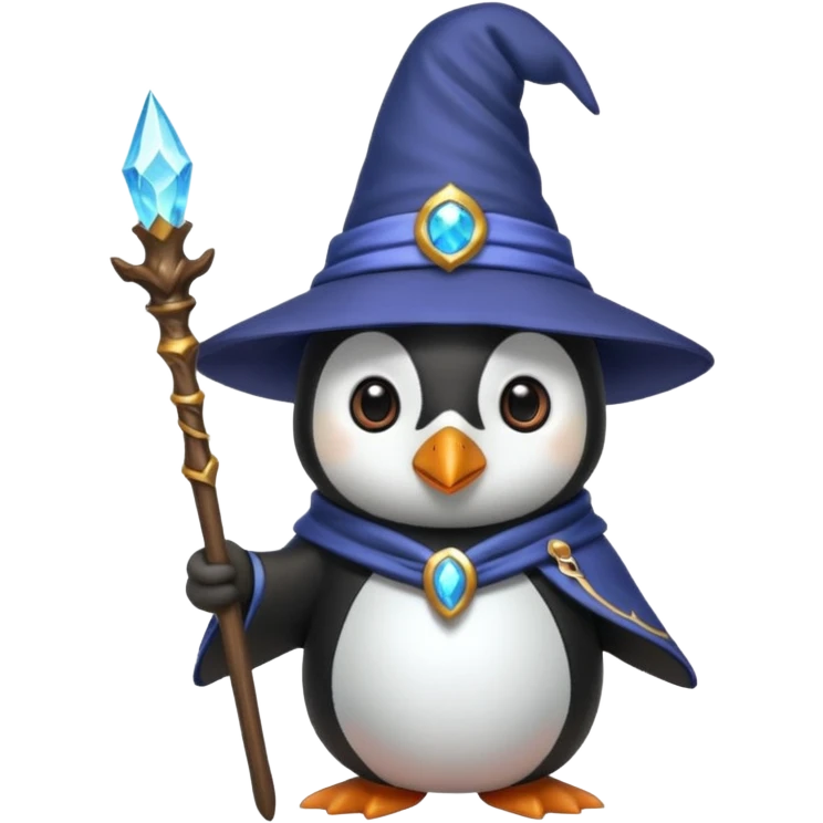 A penguin wizard with a magical staff and a pointy hat emoji