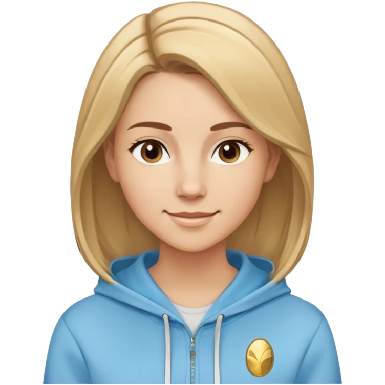 Caucasian female with oval face, straight brown-blonde mixed hair (more brown) with side part, serene smile, light blue sporty hoodie with gold and white fantasy details emoji