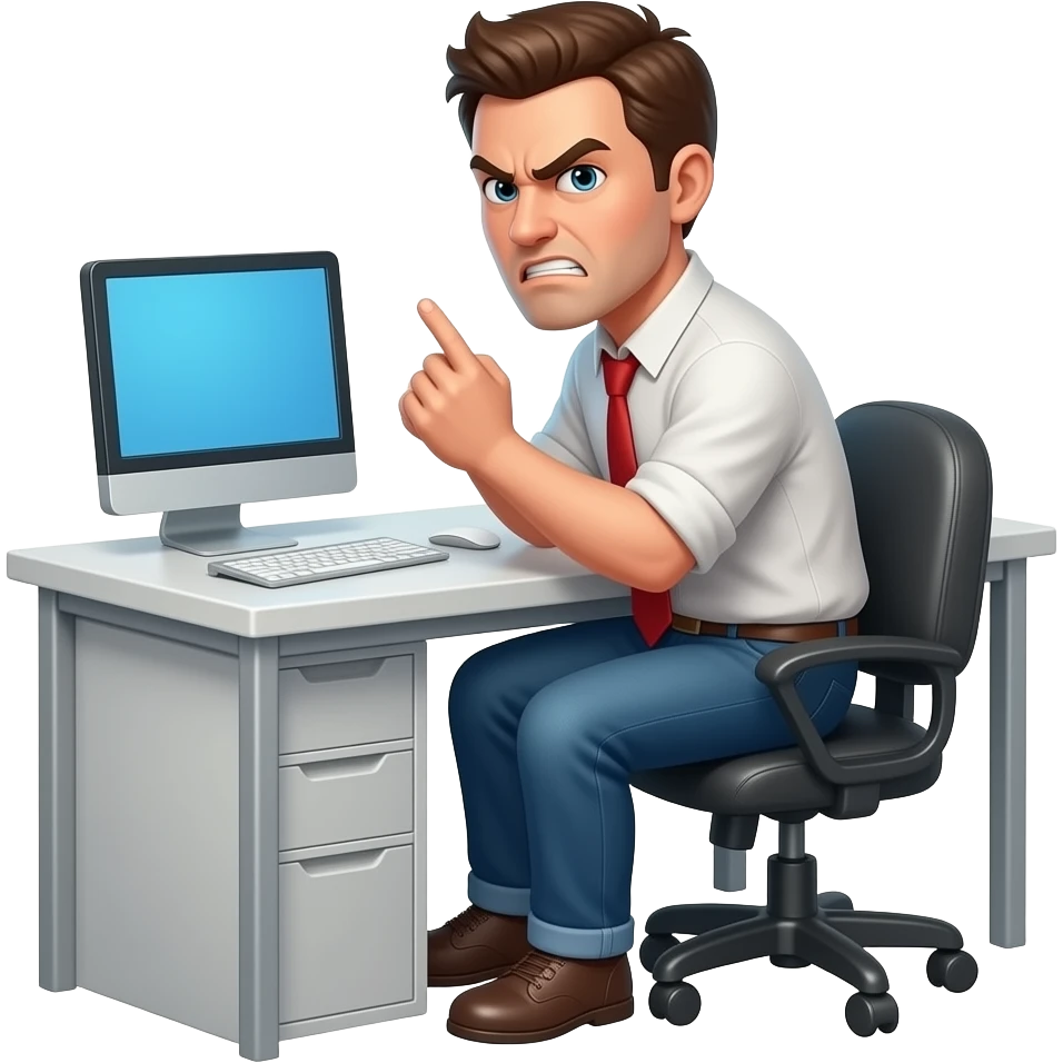 a guy sitting at the desk turning around to us with angry expression emoji
