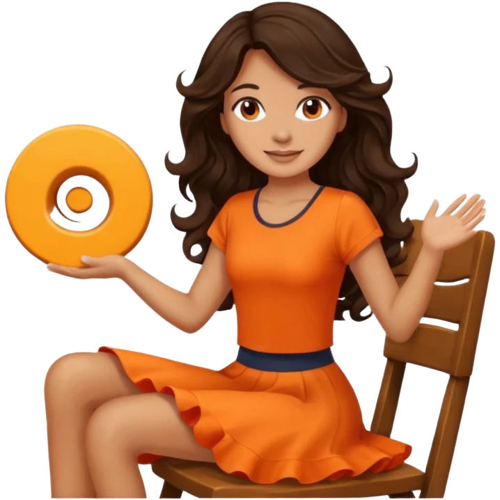Twirling around a chair Long dark wavy hair women in orange top  emoji
