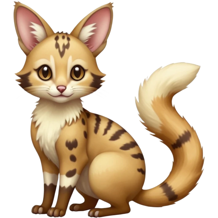 beautiful elegant pretty precious cute  Fakémon-Pokémon-opossum-feline-serval-caracal-chinchilla-Furret-Minccino-hybrid-creature with a big fluffy bushy tail (full body) emoji