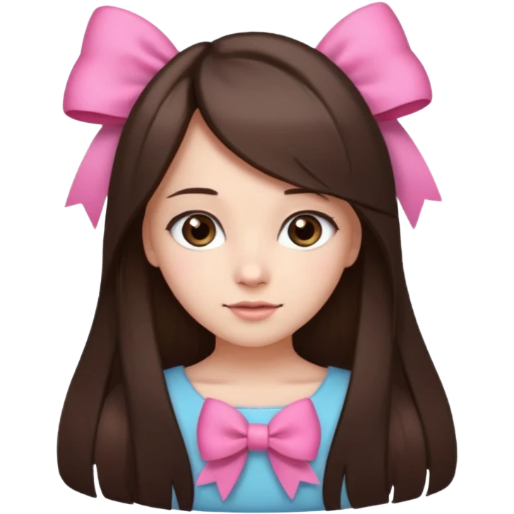 cute girl with dark long straight brown hair with pink bow in hair on te side emoji