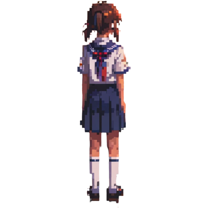 Japanese schoolgirl in uniform standing in a classroom with sunset light, hands at sides, one empty desk, looking out window, emotional atmosphere emoji