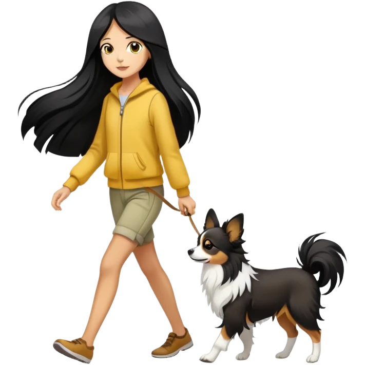 A girl with long black hair is walking a Papillon with yellow and white color emoji
