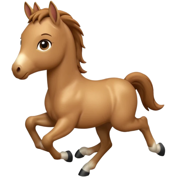 3D Apple-style emoji of a running foal. Small young horse with light brown body, short mane, big eyes, rounded and glossy, smooth shading, white background.

 emoji