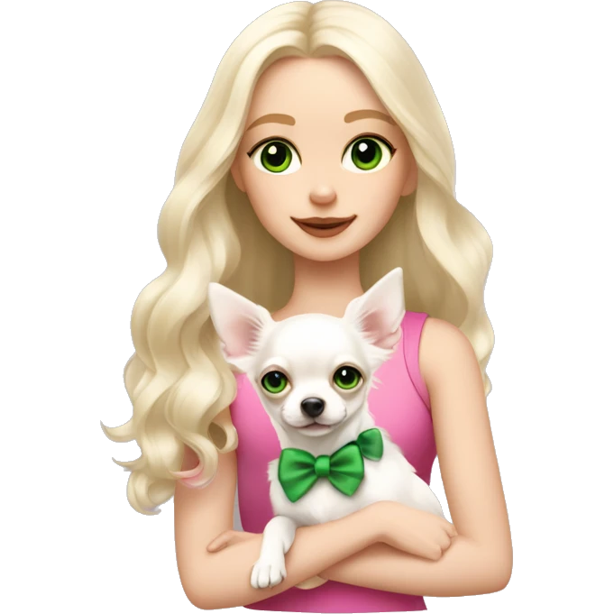 pale blond girl with wavy long platinum hair with green eyes holding a white chihuahua puppy that wearing a pink bow emoji