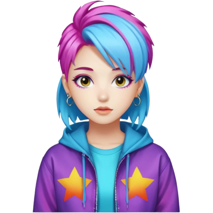 portrait of young woman idol in Kpop style, wearing flashy streetwear outfit, colorful dyed hair emoji