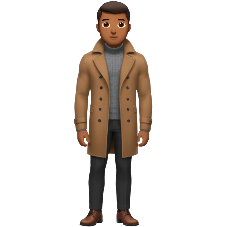 Handsome Black guy with brown skin tone, with lean muscular build, wearing black slacks, a gray sweater, long brown pea coat, and black shoes emoji