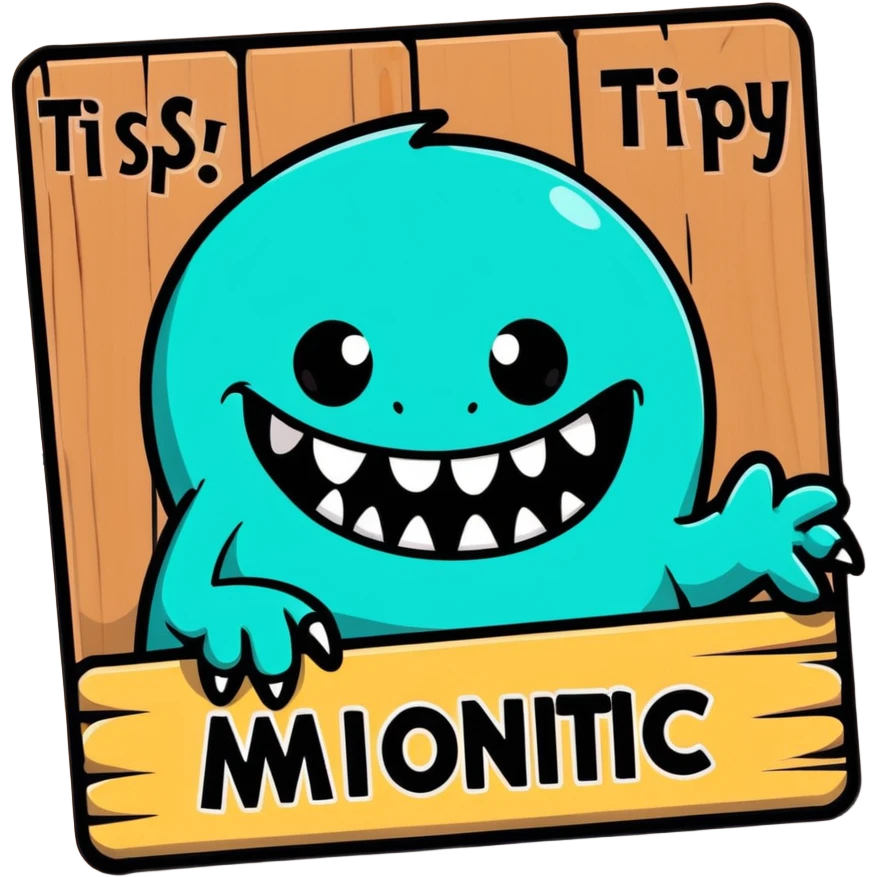 Fantasy tavern wooden sign with "Tipsy Mimic" name, with monster teeth and tongue emoji