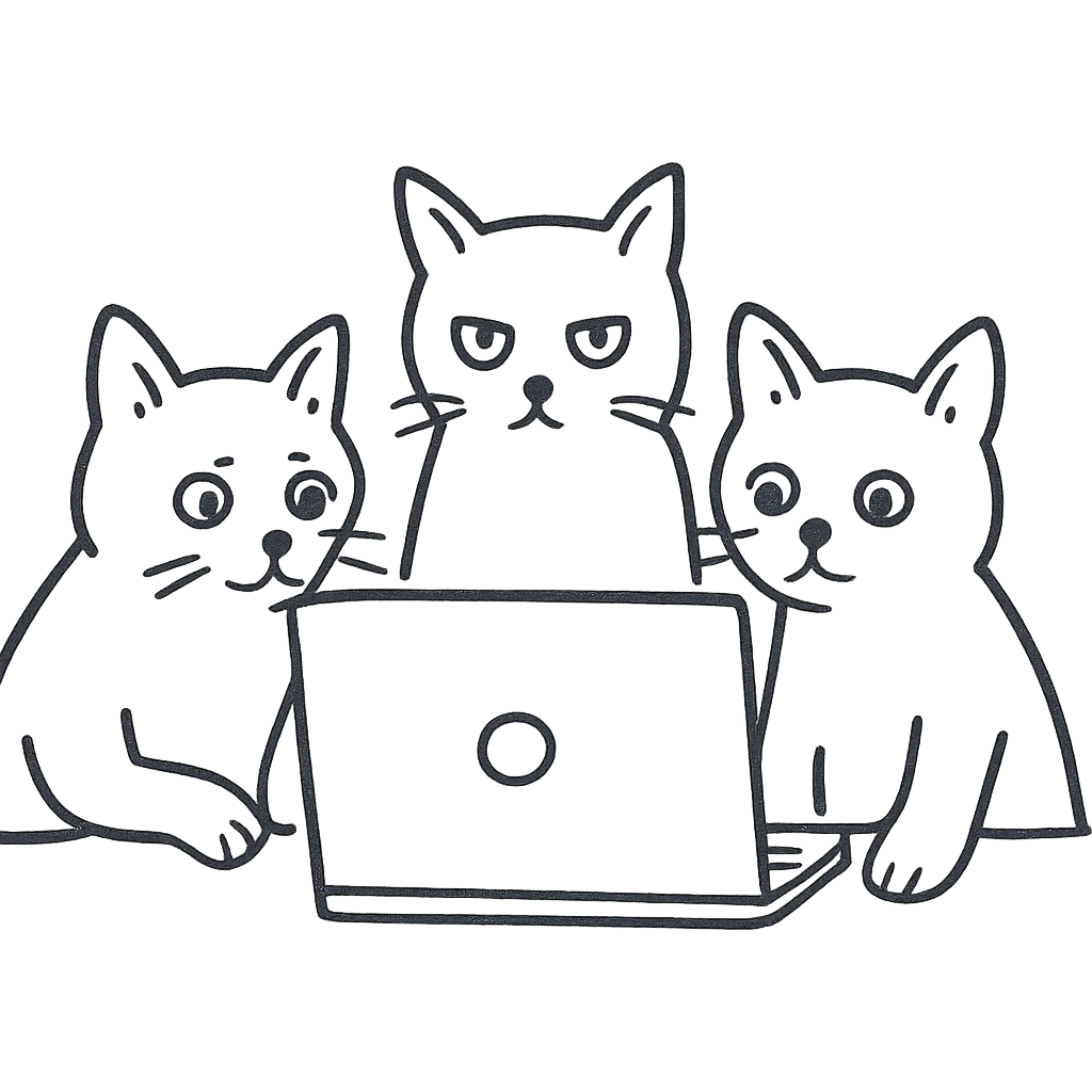 three cats at a computer, hand-drawn outline style emoji