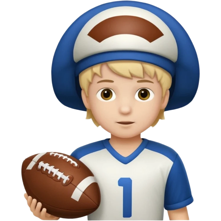 A child stands in a football costume, holding an actor's hat emoji