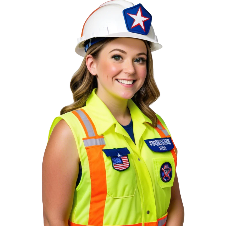  caitlin clark is a construction worker wearing a patriotic dress with a neon yellow safety vest over the dress. she also has a hard hat and a patriotic patch on the vest emoji