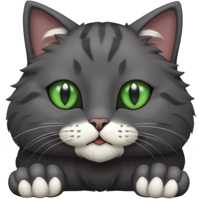 solid dark grey cat with green eyes, completely solid grey face, white toes/paws playfully rolling upside down emoji