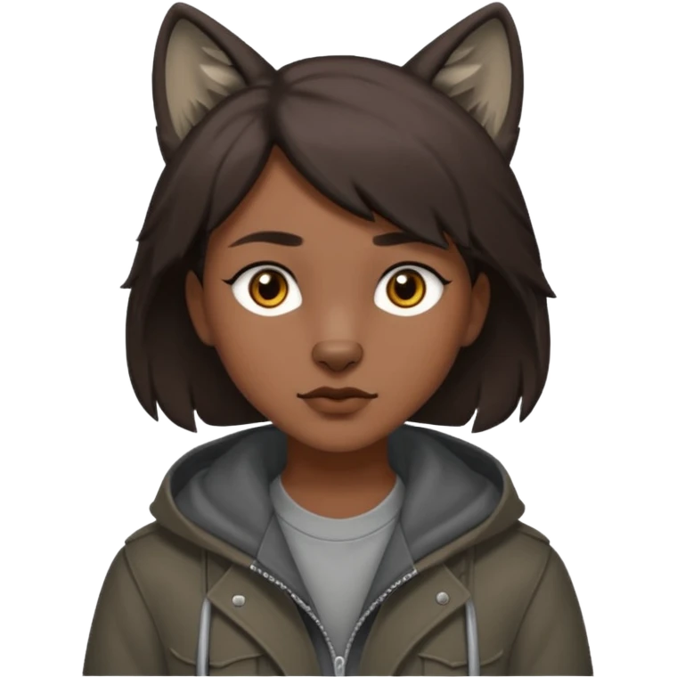 Hobo tomboy with dark brown hair in a wolf cut style that is parted in the middle. brown eyes, dark dull brown coat, grey shirt. emoji
