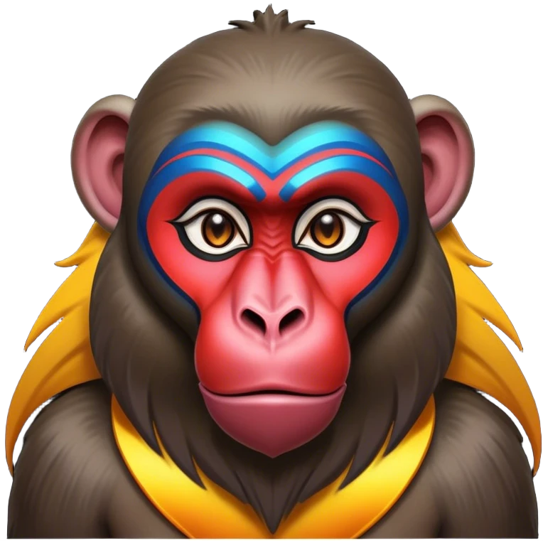 Cinematic Noble Mandrill baboon Portrait Emoji, Poised and regal, with a striking, powerful build and a vivid, deep-set soulful eyes, Simplified yet sharp and sophisticated features, highly detailed, glowing with a vibrant, dignified glow, high shine, intelligent and commanding, stylized with an air of exotic majesty, focused and attentive, soft glowing outline, capturing the essence of a watchful and confident primate, so majestic it feels as though it could step out of the screen with effortless authority! emoji