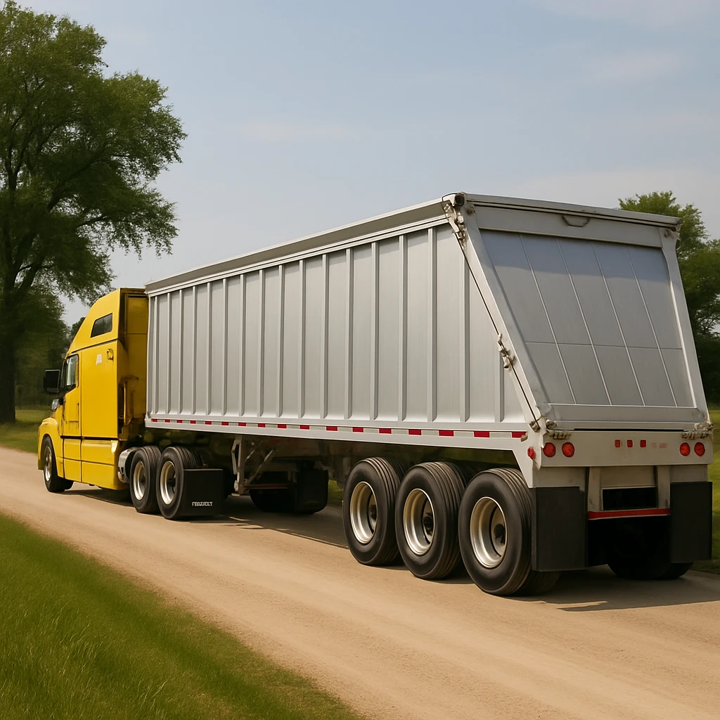Make the silver end dump trailer significantly longer, keep the Volvo yellow semi sleeper truck and rear three-quarter angle, photorealistic, driving away down a dirt road with trees, grass, and a quiet country scene, daytime lighting. Maintain photorealistic style and lighting. emoji