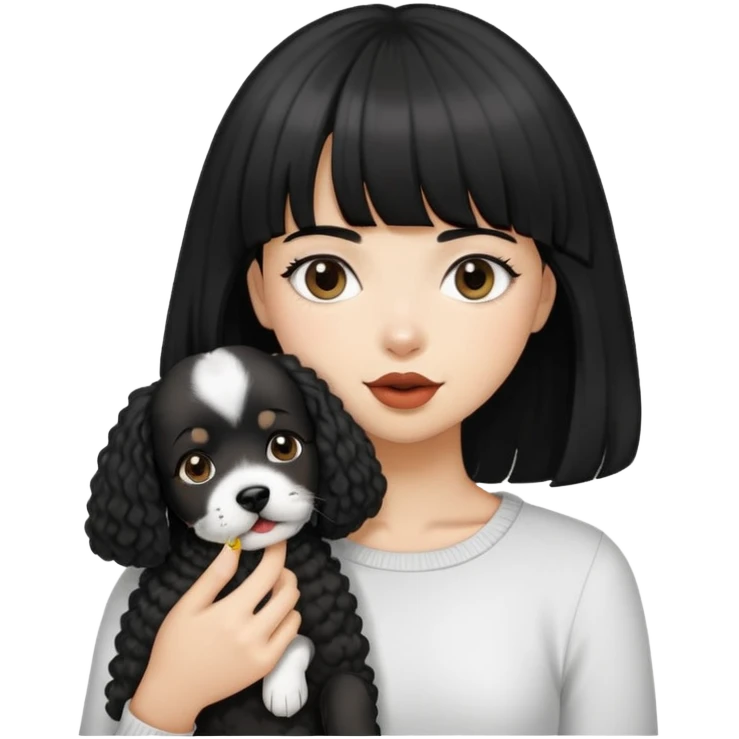 A black long straight hair girl with bang, holding a black short curly hair dog whose hair around mouth is white. emoji